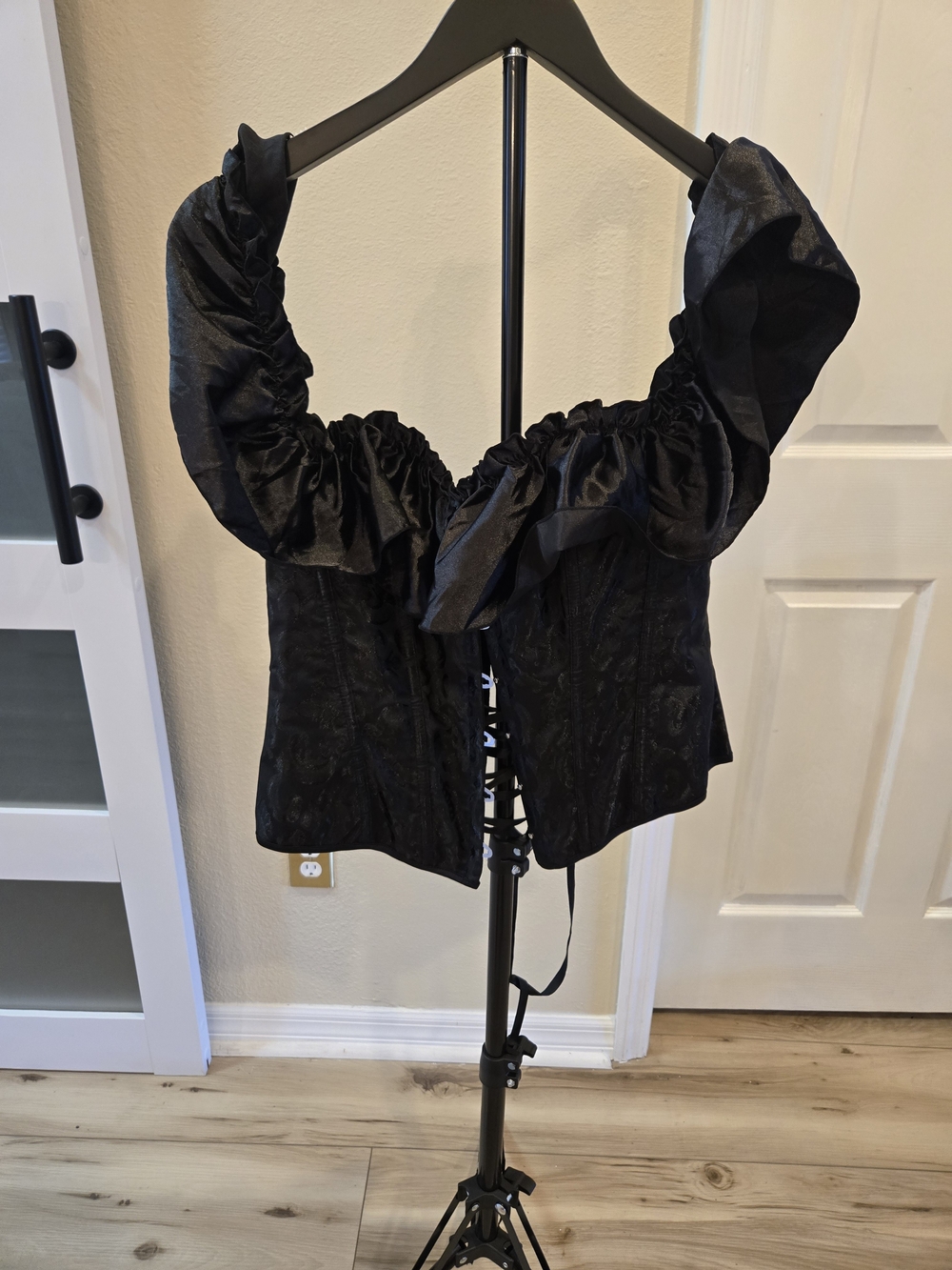 Black Satin Puff Sleeve Corset Top